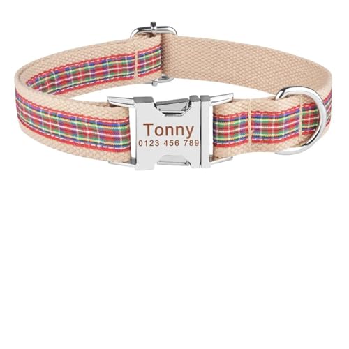 Verstellbares Hundehalsband mit personalisiertem Namen und Gravur aus Nylon für kleine, mittelgroße und große Hunde(Multi Color Plaid,L 35-56cm) von HBJzxlOK