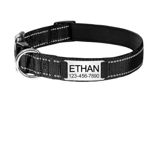 Verstellbares reflektierendes Hundehalsband aus Nylon mit individueller Namensgravur, personalisiertes leuchtendes Welpenhalsband, glänzend, groß, Unisex(Noir,S 25-38cm) von HBJzxlOK