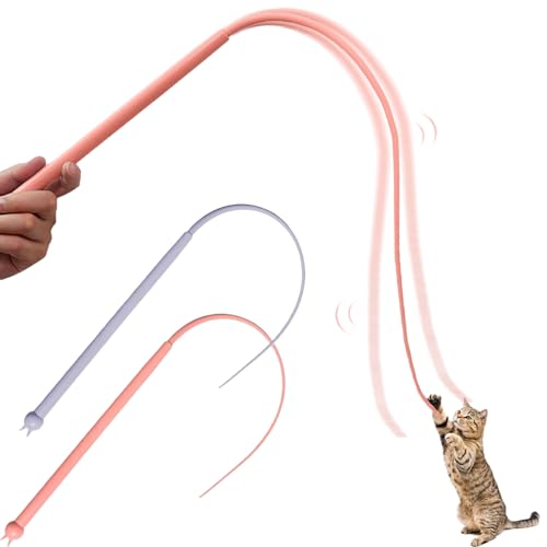 Katzenangel Lang, 2 Stück Silikon Teaser Katzen Zauberstab Spielzeug, Twiggle Tail Katzenangel, Katzenstab Interaktives Katzenspielzeug, Interaktives Katzenangel, Katzenangel stabil, Indoor Cat Toys von HBSFBH