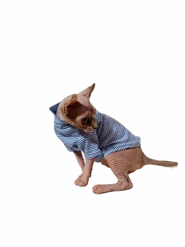 HCCY Haarlose Sphinx-Katzenkleidung aus Baumwolle, gestreifter Rollkragenpullover für Frühling und Sommer,Blau,L von HCCY