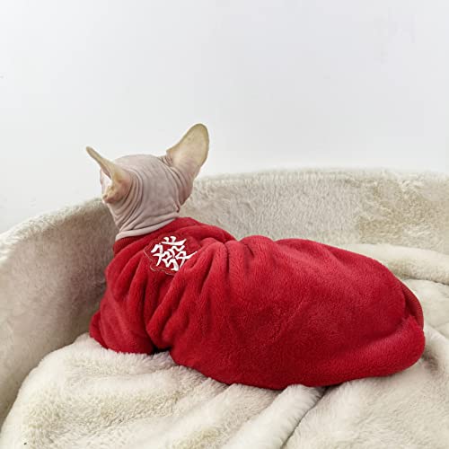 Sphinx Hairless Cat Kleidung Neujahr Chinesische Schriftzeichen Reine Baumwolle Shorty Base Kleidung Herbst Winter Rot,Doppelseitiges Flanell,XXL von HCCY