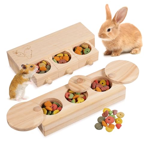 HCHANGEN Interaktives Kaninchen-Spielzeug aus Holz – Leckerli-Spender für Kleintiere, lustig, geeignet für Kaninchen, Chinchillas, Rennmäuse, Hamster, Meerschweinchen (2er-Set) von HCHANGEN