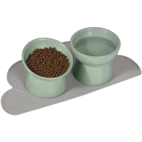 Katzen Napfset Erhöht Katzennapf Keramik - Katzennäpfe 3er Set mit Rutschfester Matte - Katzen Futternapf Groß - Doppelt Katzenschüssel für Futter und Wasser - Fressnapf Katze Napf - Wassernapf Katzen von HCHLQLZ