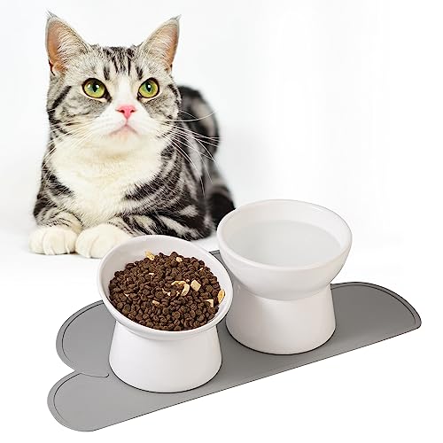 Katzen Napfset Erhöht Katzennapf Keramik - Katzennäpfe 3er Set mit Rutschfester Matte - Katzen Futternapf Groß - Doppelt Katzenschüssel für Futter und Wasser - Fressnapf Katze Napf - Wassernapf Katzen von HCHLQLZ