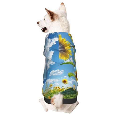 Hunde-Kapuzenpullover für Herbst und Winter, gemütliche Haustierkleidung für Outdoor-Aktivitäten, blauer Himmel, weiße Wolken, Sonnenblumen, Batikdruck, Haustier-Kapuzenpullover von HCVXBSA