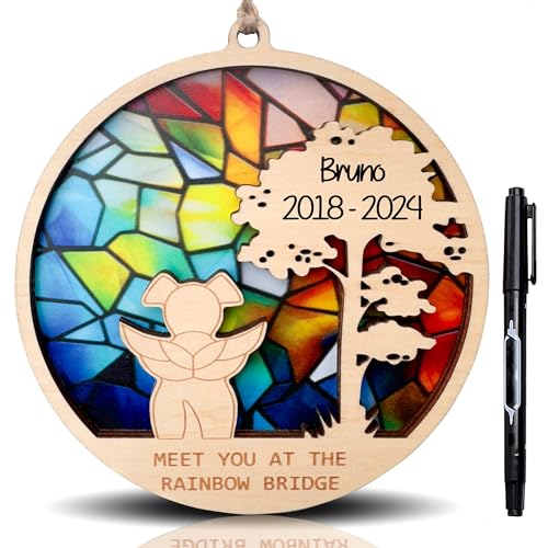 Buntglas-Gedenkgeschenk für den Verlust des Hundes, Regenbogenbrücke, Haustier-Gedenkgeschenke für Hunde, Beileidsgeschenk, personalisierte Hundeornamente mit Namensdatum für Tierliebhaber (Design 1) von HD WOOD CRAFT