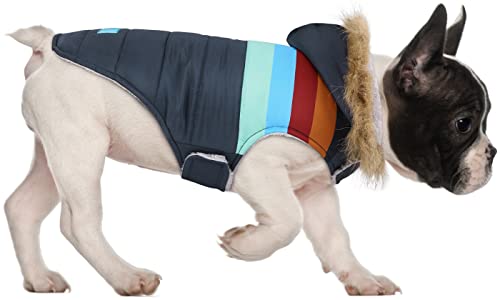 HDE Hunde-Pufferjacke, Fleece-gefüttert, warmer Hundeparka, Wintermantel, mit Geschirrloch, marineblau, Retro-Streifen - M von HDE