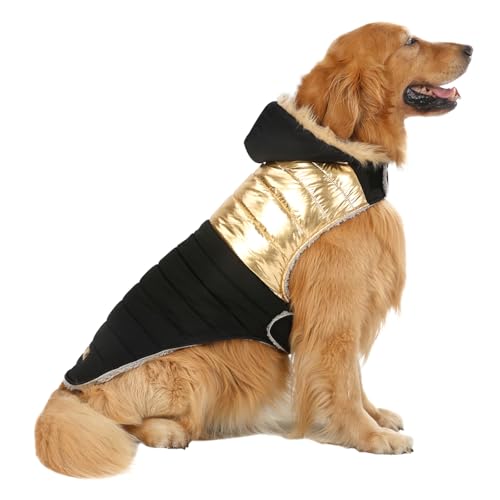 HDE Hunde-Pufferjacke, mit Fleece gefüttert, warmer Hundeparka, Wintermantel mit Loch für Geschirr, 90er-Jahre, Schwarz und Gold, Metallic, Größe L von HDE