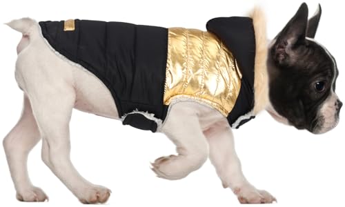 HDE Hunde-Pufferjacke, mit Fleece gefüttert, warmer Hundeparka, Wintermantel mit Loch für Geschirr, 90er-Jahre, Schwarz und Gold, Metallic, Größe M von HDE