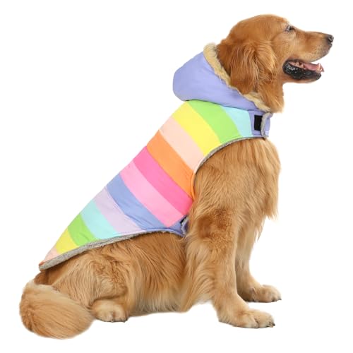 HDE Hunde-Pufferjacke, mit Fleece gefüttert, warmer Hundeparka, Wintermantel mit Loch für Geschirr, Pastell-Regenbogenfarben, Größe XXL von HDE