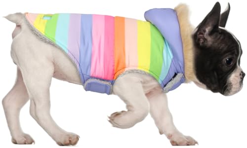 HDE Hunde-Pufferjacke, mit Fleece gefüttert, warmer Hundeparka, Wintermantel mit Loch für Geschirr, Pastellfarben, Regenbogenfarben, Größe M von HDE