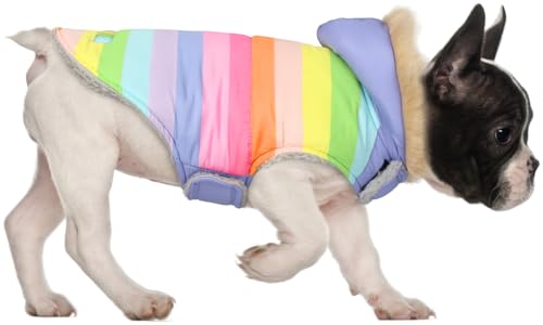 HDE Hunde-Pufferjacke, mit Fleece gefüttert, warmer Hundeparka, Wintermantel mit Loch für Geschirr, Pastellfarben, Regenbogenfarben, Größe S von HDE