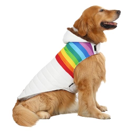 HDE Hunde-Pufferjacke, mit Fleece gefüttert, warmer Hundeparka, Wintermantel mit Loch für Geschirr, Weiß, Regenbogenstreifen, Größe L von HDE