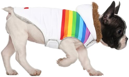 HDE Hunde-Pufferjacke, mit Fleece gefüttert, warmer Hundeparka, Wintermantel mit Loch für Geschirr, Weiß, Regenbogenstreifen, Größe M von HDE