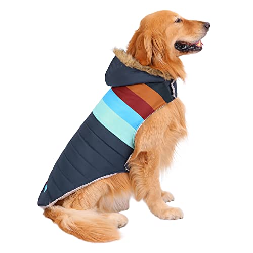 HDE Hunde-Pufferjacke mit Fleece gefüttert, warmer Hundeparka mit Geschirrloch, marineblau, Retro-Streifen - XL von HDE