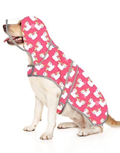 HDE Hunde Regenmantel mit Klarer Kapuze Poncho Regenjacke für Kleine Mittel Große Hunde Einhorn Enten Rosa - L von HDE