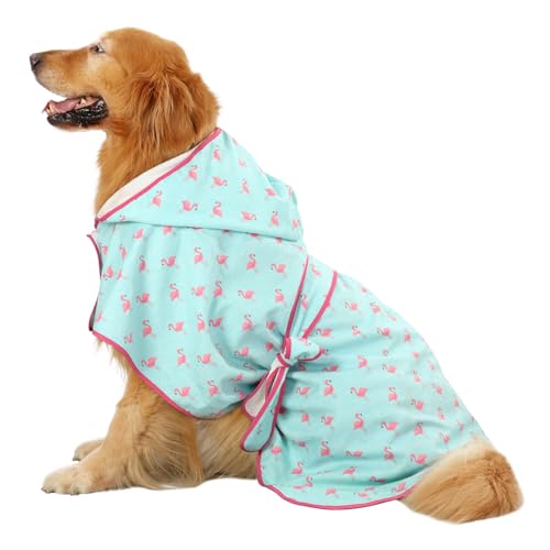 HDE Hundebademantel, super saugfähig, schnell trocknend, Handtuch mit Kapuze, für alle Hunderassen, Größen S-XXL - Flamingos - XL von HDE