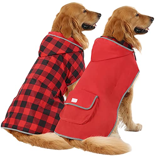 HDE Regenmantel für Hunde, wendbar, mit Kapuze, Zupf-Poncho, Regenmantel, Jacke für kleine, mittelgroße und große Hunde, Büffelkariert, Rot – XL von HDE