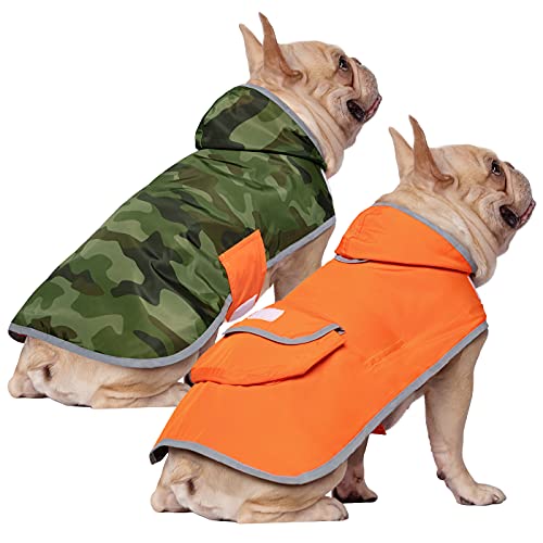 HDE Wendbarer Hunderegenmantel mit Kapuze, Zupfponcho, Regenmantel, Jacke für kleine, mittelgroße und große Hunde, Camouflage-Orange – M von HDE