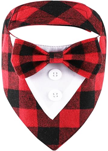 HDGDT Weihnachtliches Smoking-Halstuch, rot kariert, mit Fliege, verstellbar, für kleine, mittelgroße und große Hunde, Haustiere (groß, Weihnachts-1) von HDGDT