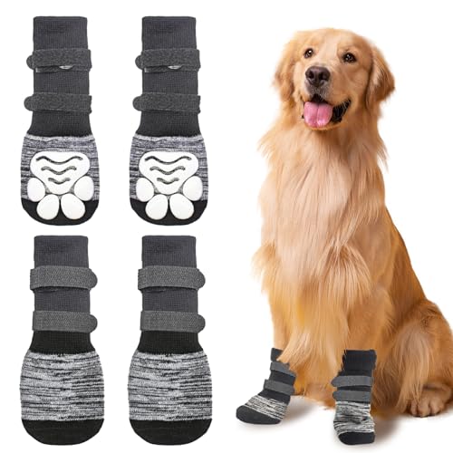 HDKAJL Hundeschuhe Pfotenschutz, 4 Stück Indoor Anti Rutsch Hundesocken, Hunde Schuhe Outdoor Pfotenschutz mit Verstellbaren, Pfotenschutz für Hunde, Hundesocken für Kleine, Mittlere und Große Hunde,L von HDKAJL