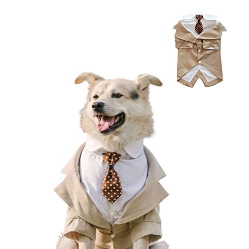 HDKUW Hochzeitshemd für große Hunde, Smoking mit Fliege, formeller Anzug, Hundeprinz, Gentleman-Kostüm für mittelgroße und große Hunde, Khaki, Größe 3XL von HDKUW