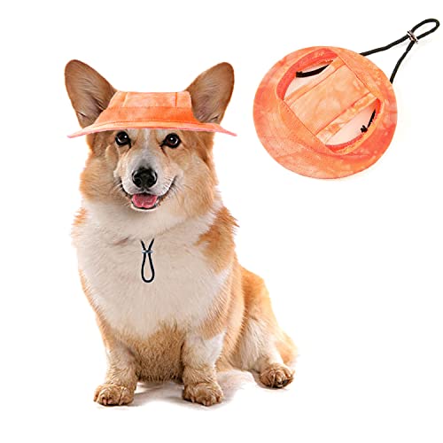 HDKUW Hunde-Eimerhüte, runde Kappe mit Ohrloch, verstellbar, Outdoor-Reisen, Sonnenschutz, Sporthut für Katze, kleine, mittelgroße Hunde, Orange S von HDKUW