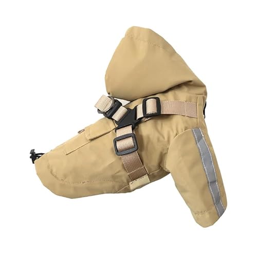 HDKUW Regenmantel für kleine Hunde, mit Kapuze, wasserdichte Regenjacke mit Geschirr, verstellbar, reflektierend, für Welpen, kleine Hunde, Jungen, Mädchen, Beige, Größe L von HDKUW