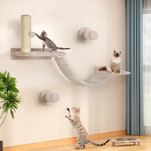 HDLKRR Katzen-Wandregale – 7-teiliges Luxus-Katzenmöbel-Set zur Wandmontage, inklusive 2 Regalen, 2 Massivholzstufen, 1 Stegleiter, 1 Sisal-Kratzbaum, 1 hängender Ball für große Katzen von HDLKRR