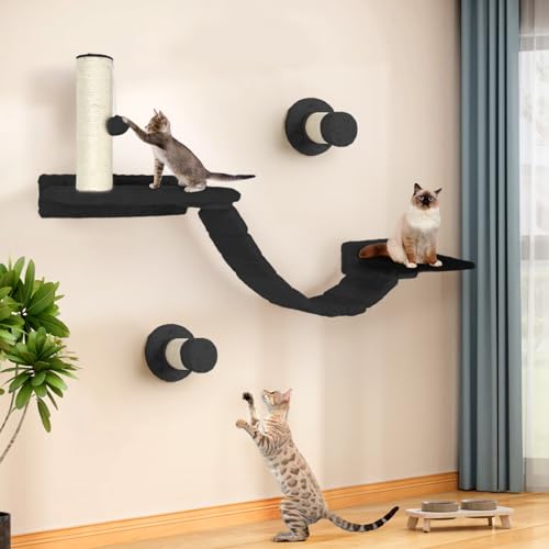 HDLKRR Katzen-Wandregale – 7 Stück Luxus-Katzenmöbel zur Wandmontage, inklusive 2 Katzen-Wandregalen, 2 Massivholzstufen, 1 Katzenbrückenleiter, 1 Sisal-Katzenkratzbaum, 1 Hängeball für große Katzen von HDLKRR