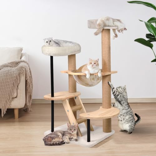 HDLKRR Kratzbaum aus Holz – Moderner Katzenbaum Turm für Indoor-Katzen, 101,6 cm hoch, Holz-Höhle mit Hängematte, Kratzbaum und abnehmbaren Pads für kleine große Katzen von HDLKRR