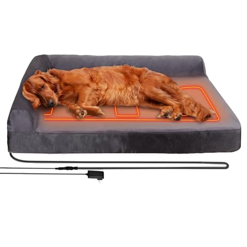 HEATFOX Verbessertes beheiztes Hundebett, L-förmig, Chaise, 24 V, sichere Spannung, Arthritis, Hundebett mit Memory-Schaum, beheiztes Haustierbett mit wasserdichtem Bezug für mittelgroße und große von HEATFOX