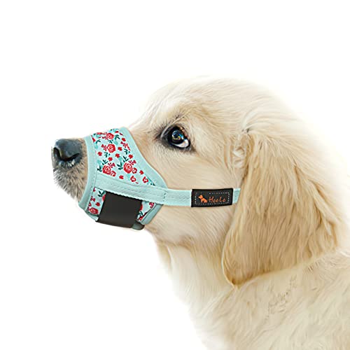 HEELE Hund Maulkorb, Maulkörb für Hunde, Weiche Nylon Drucken Maulkorb Air Mesh Atmungsaktiv Einstellbar Schleife Muster Haustiere Maulkörbe für Kleine Mittlere Große Hunde, Cyan Blume, L von HEELE