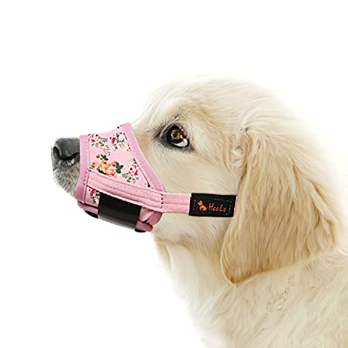 HEELE Hund Maulkorb, Maulkörb für Hunde, Weiche Nylon Drucken Maulkorb Air Mesh Atmungsaktiv Einstellbar Schleife Muster Haustiere Maulkörbe für Kleine Mittlere Große Hunde, Pinke Blume, L von HEELE