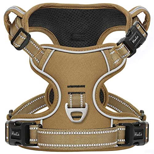 HEELE Hundegeschirr, Hundegeschirr für Grosse Hunde, Freigabe am Hals, Vorderseite Rückseite Clips Hundegeschirr Einstellbar Reflektierend Anti Zug Hundegeschirr mit Gepolstert Grifff, Khaki, XL von HEELE