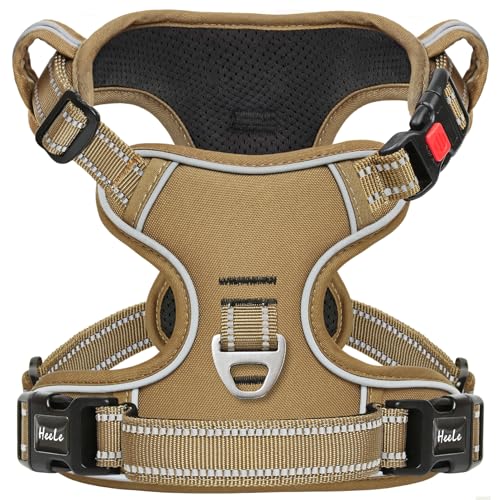 HEELE Hundegeschirr, Brustgeschirre für Hunde, Laufgeschirre Hund mit abschließbarem Schnappverschluss, einstellbare reflektierende Hundegeschirre, Offen am Hals, Anti Zug Dog Harness, Khaki, L von HEELE