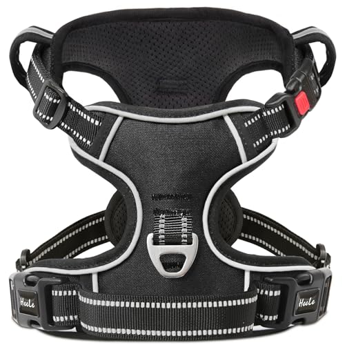 HEELE Hundegeschirr, Brustgeschirre für Hunde, Laufgeschirre Hund mit abschließbarem Schnappverschluss, einstellbare reflektierende Hundegeschirre, Offen am Hals, Anti Zug Dog Harness, Schwarz, L von HEELE