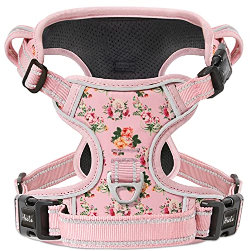 HEELE Hundegeschirr, Hundegeschirr für Mittelgroße Hunde, Weich Atmungsaktiv Einstellbar Reflektierend Anti Zug Hundegeschirr mit Gepolstert Grifff, 3 Schnallen, Geblümt-Pink, XS von HEELE