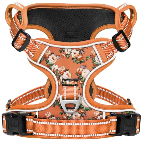 HEELE Hundegeschirr, Hundegeschirre mittelgroße Hunde mit Griff reflektierendes Hundegeschirr gepolstertes Brustgeschirr No Pull Geschirr Hund Verstellbar, Blume-Orange, XL von HEELE