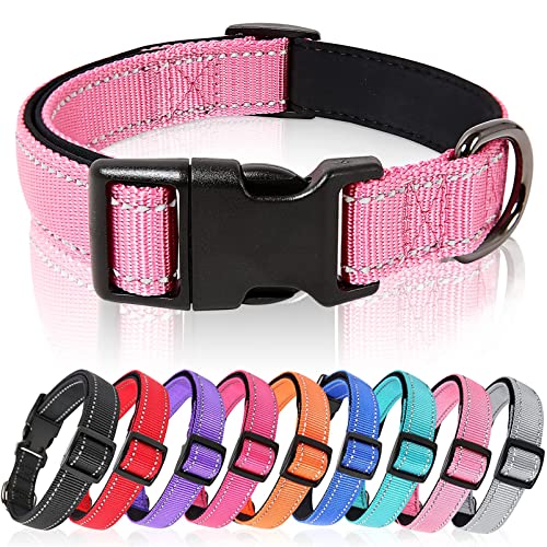 HEELE Hundehalsband, Hundehalsband aus Nylon, Reflektierend Halsband Hund mit Weich Neopren Gepolstert für Welpen Kleine Mittel Große Hunde Läng Einstellbereich 34-52 cm, Pink, M von HEELE