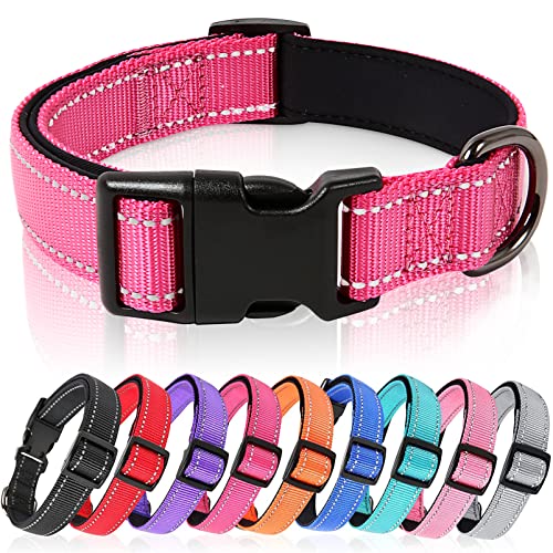 HEELE Hundehalsband, weich gepolstertes Neopren Nylon Hunde Halsband für kleine mittlere große Hunde und Welpen, verstellbare und reflektierende Halsband Hund für Training, Rosa, L von HEELE