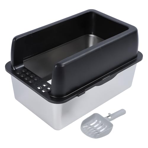 Edelstahl-Wurf Box, Oben Geöffelter Kitty-Wurf-Tablett-Metalls Ch Achtel Anti-Spritz Kacken Kasten mit Pedal-Filters Chaufel für Katzen-Kätzchen 23,4x15,6x7,9 Zoll (Black) von HEEPDD