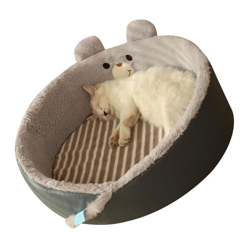 Katzenkissenbett, Weiches Kaninchenhaar, Katzenkissenbett, Cartoon-Stil, Tiefe Wand, Leicht zu Reinigen, Warm Halten, Streifendesign, Katzenkissenbett für den Innenbereich von HEEPDD