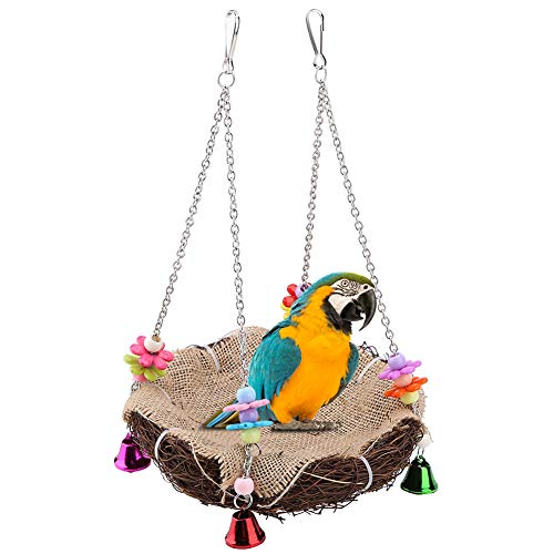 Vogel Rattan Nest, Papagei Hängen Schaukel Spielzeug mit Glocken Vogelkäfig Hängematte für Cockatoo Macaw Afrikaner Grey Budgie Parakeet Cockatiel Lovebird Finch (L) von HEEPDD