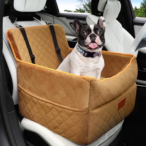 HEGGCOOE Hundeautositz für kleine/mittlere Hunde, Abnehmbarer und waschbarer Hundesitz für Autos unter 35Ibs,Upgrade Memory Foam Dog Booster Seats mit Aufbewahrungstaschen und 2 Leinen(braun) von HEGGCOOE