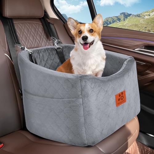 HEGGOOE Hunde Autositz für Kleine/Mittlere Hunde, Memory-Schaum Booster Autositz für Hunde unter 35 lbs, Erhöhter Hundesitz, Reisesicherheits Autositz mit waschbarem, abnehmbarem Bezug-Grau von HEGGOOE