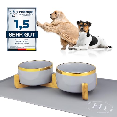 Keramik Hundenapf 2er Set mit Bambus Ständer und Rutschfester Silikonunterlage - Hundenapf Keramik Futternapf Fressnapf für Hunde und Katzen, 850ml mit goldenen Rändern von HELENA HI IRIS