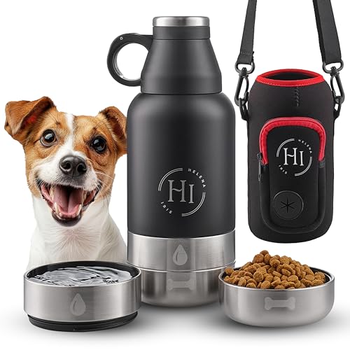 Hochwertige Hunde-Trinkflasche 950ml, isolierte Edelstahlflasche mit 2 Näpfen und Tragetasche mit Kotbeutelspender. Praktische Hundewasserflasche mit Futterbehälter für unterwegs, Reisen und Wandern von HELENA HI IRIS