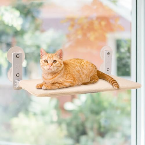 Katzen Hängematte Fensterplätze für Katzen Klappbar Katzenbett Fenster mit Stabil Saugnäpfe bis zu 20kg (Beige, L) 52 X 30CM von HELGATALLT