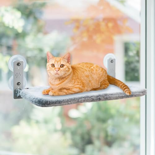 Katzen Hängematte Fensterplätze für Katzen Klappbar Katzenbett Fenster mit Stabil Saugnäpfe bis zu 20kg (Kaninchen-Imitat Plüsch Baby blau, L) von HELGATALLT